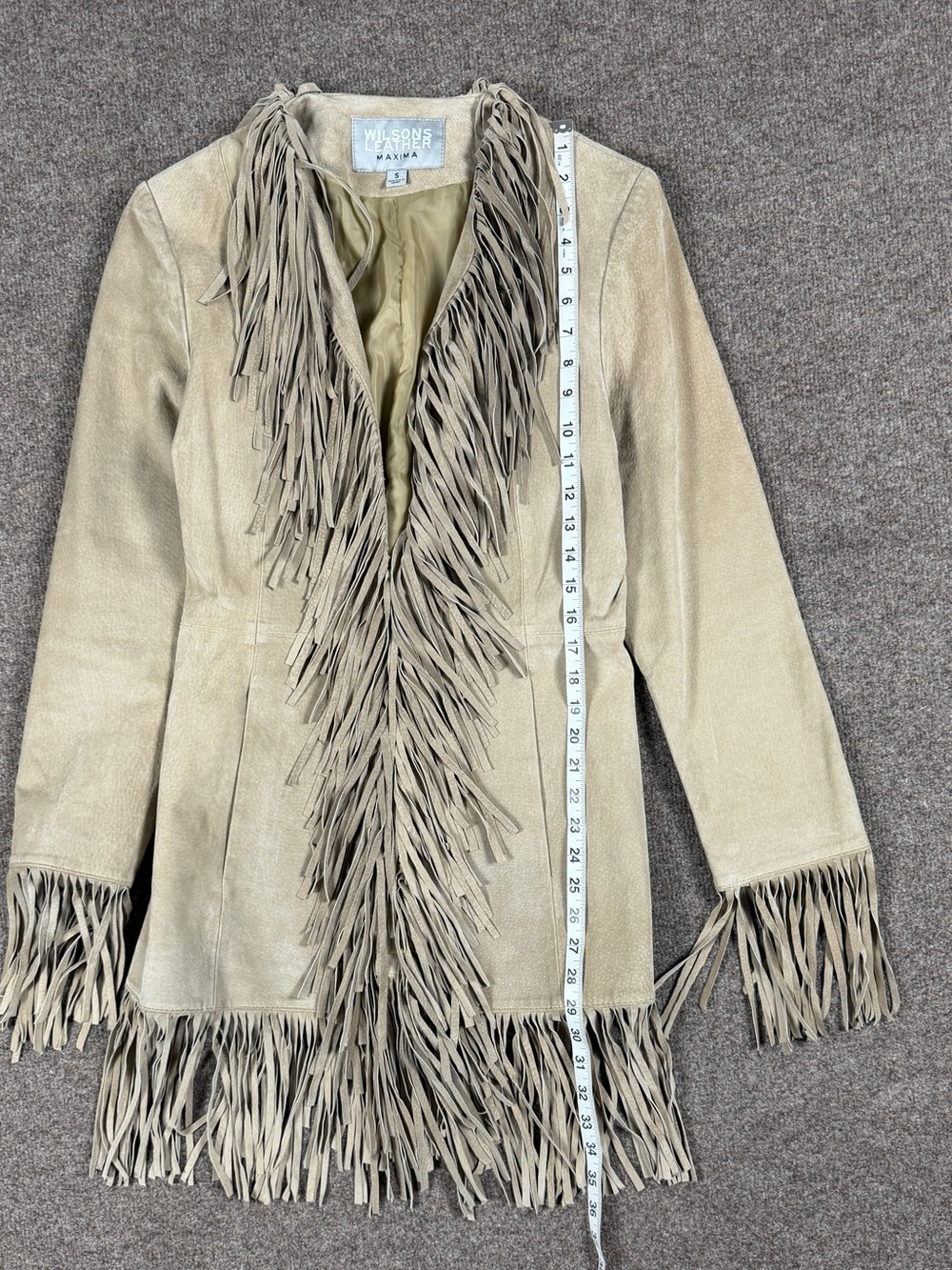 Vintage Wilsons Tan Suede Leather Mid Length Fringe Trim Jacket Women’s Small - Picture 10 of 12